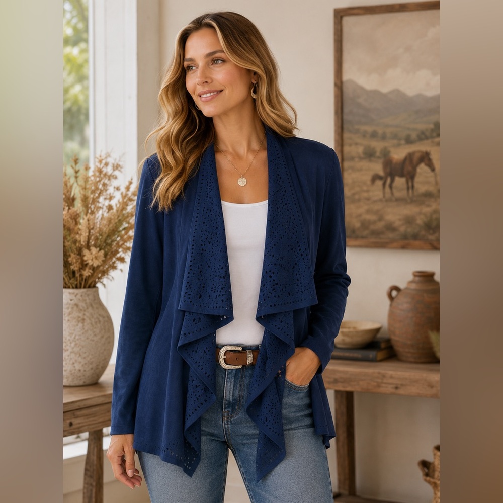 Allison Daley Navy Faux Suede Drape Front Jacket Laser Cut Open Cardigan - Large